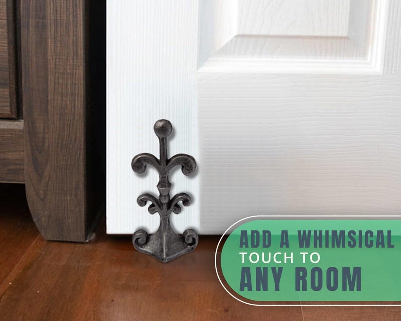 Comfify Fleur De Lis Cast Iron Door Stop â€“ One Decorative Wedge with Felt Bottom â€“ Antique Silver and Black â€“ 4" x 3.5" x 7.75" - Image 4